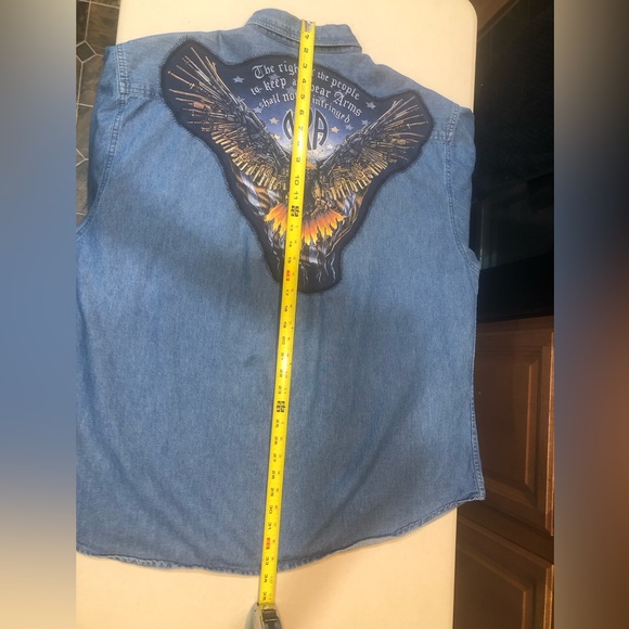 Handmade denim shacket eagle RIGHT TO BEAR ARMS mens XL runs large ptp 27 - Picture 10 of 13